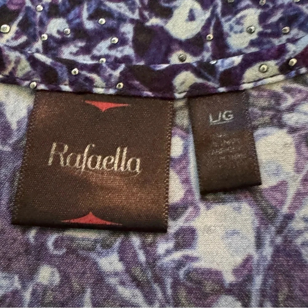 Rafaella L Large Shirt Top Blue Geometric 3/4 Sleeve Scoop Neck Asymmetrical Hem - Picture 5 of 6
